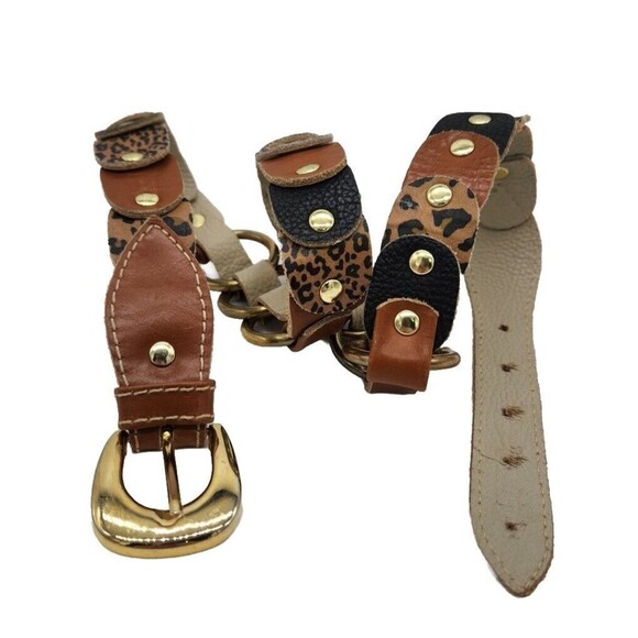 Leopard Cheetah Animal Print Gold Studded Leather Belt Womens M 32" to 37" - Picture 1 of 8